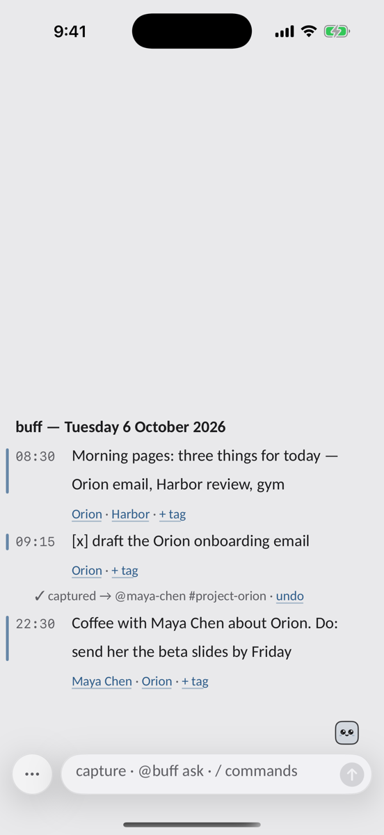 A note saved in plain words, with its person and project on a quiet line below