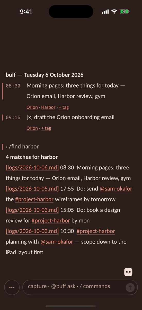 Search results with tappable dates and tags, salmon in dark mode
